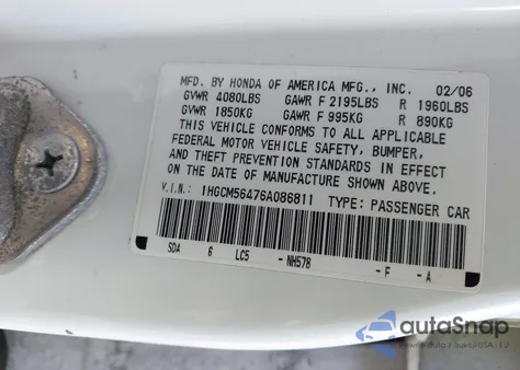 2006 Honda Accord 2.4 Lx from USA, damaged, VIN 1HGCM56476A086811
